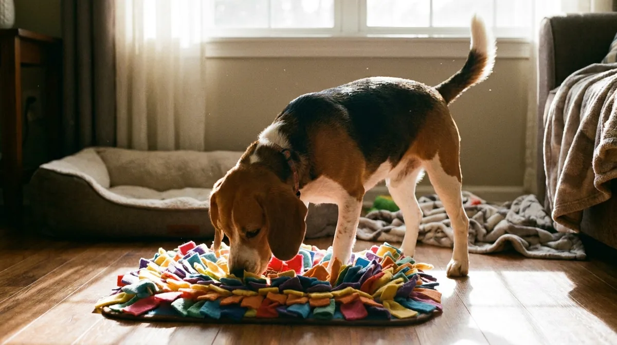 Beagle finding treats in mat