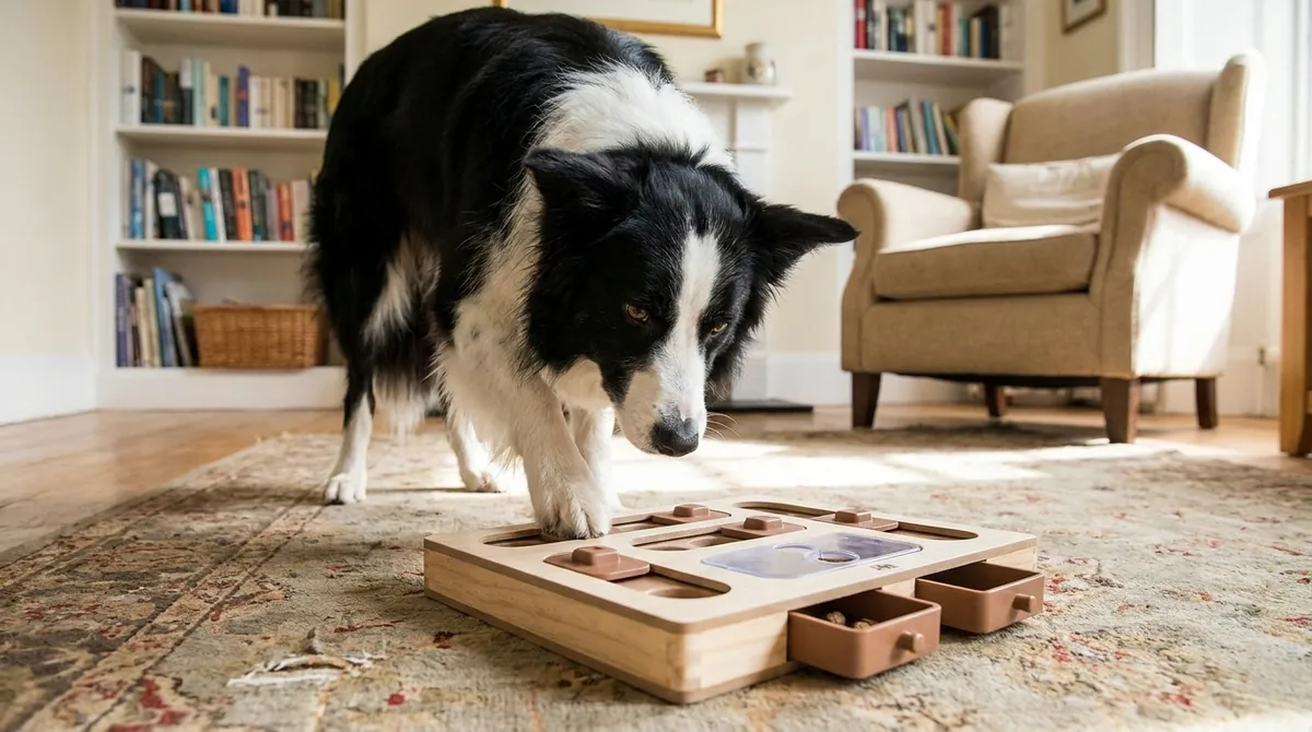 Border Collie solving puzzle toy