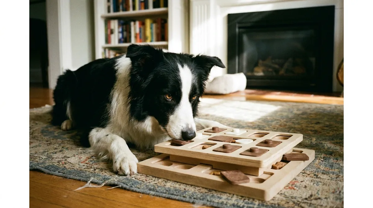 Border Collie solving puzzle toy