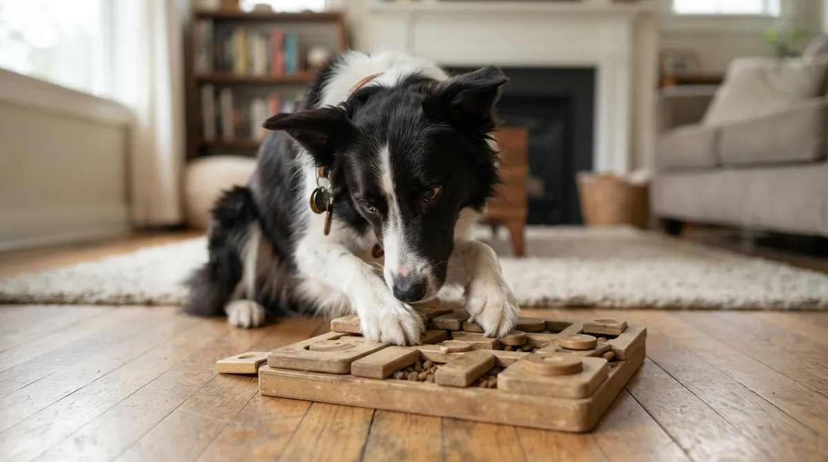 Border Collie solving puzzle toy