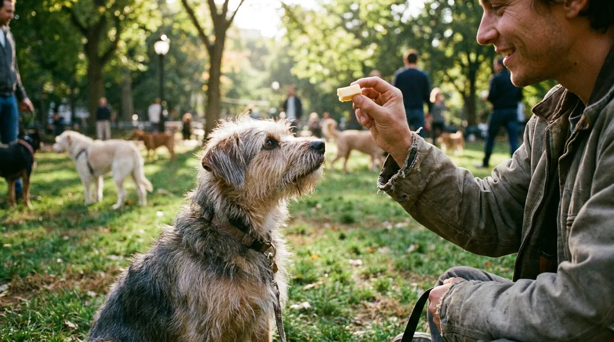 Dog accepting treat from owner