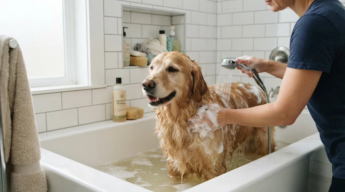 Dog being bathed in tub