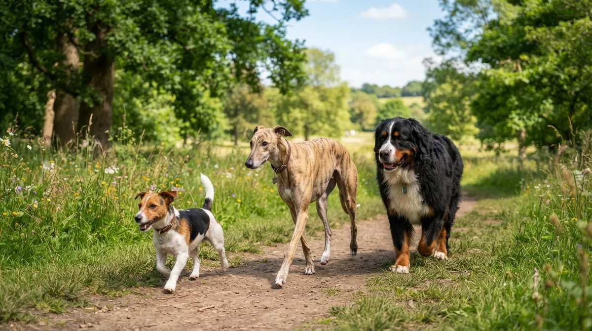Dog breeds walking in park