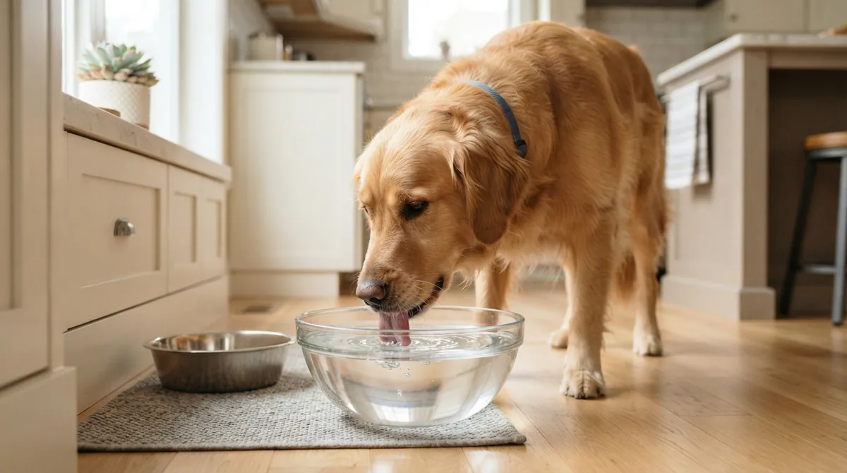 Dog drinking water in kitchen