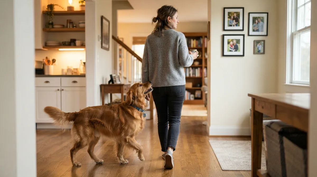 Dog following owner through house