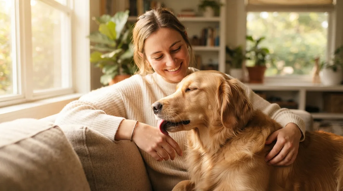 Dog licking owner hand