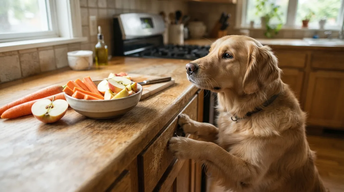 Dog looking at kitchen food
