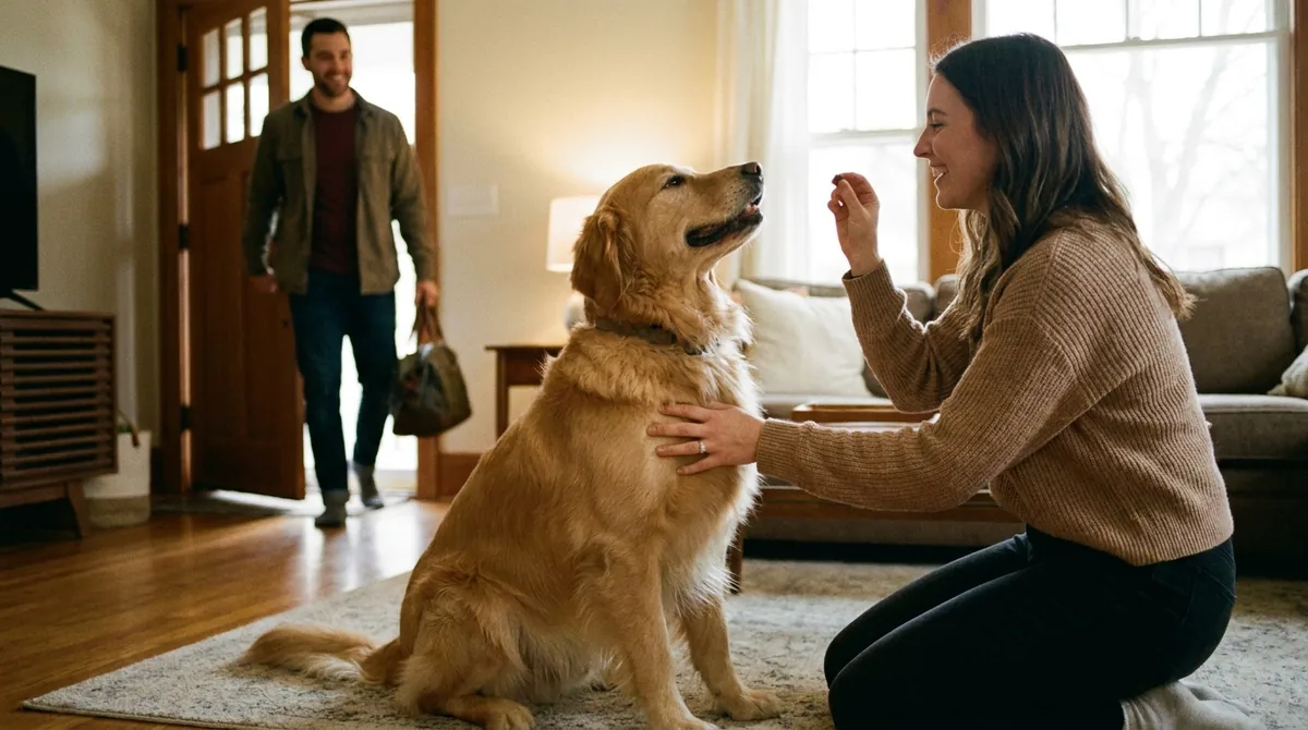 Dog sitting calmly for guest