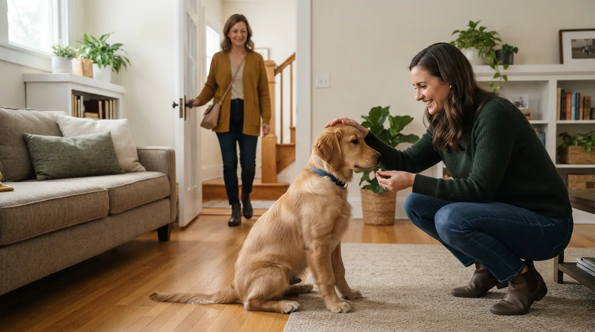 Dog sitting calmly for guest