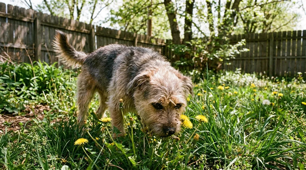 Dog sniffing green grass