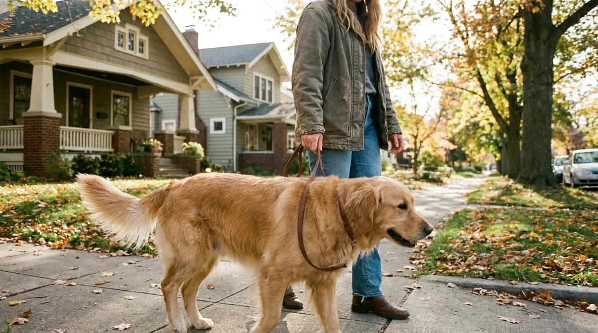 Dog walking on sidewalk