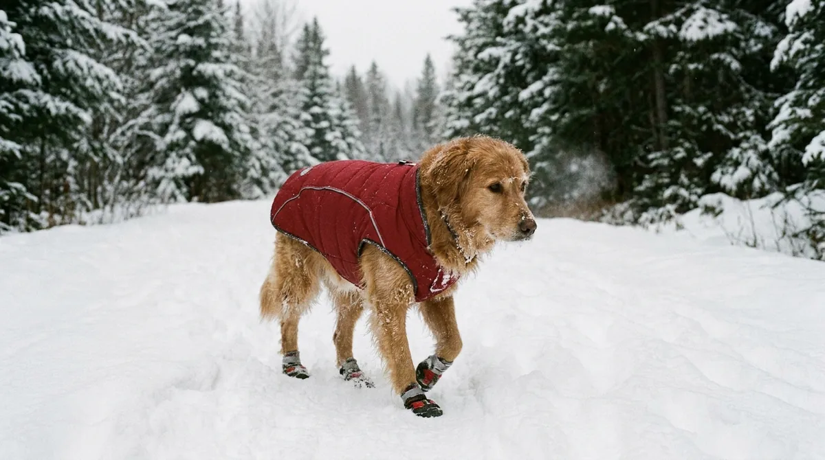 Dog wearing winter coat walking