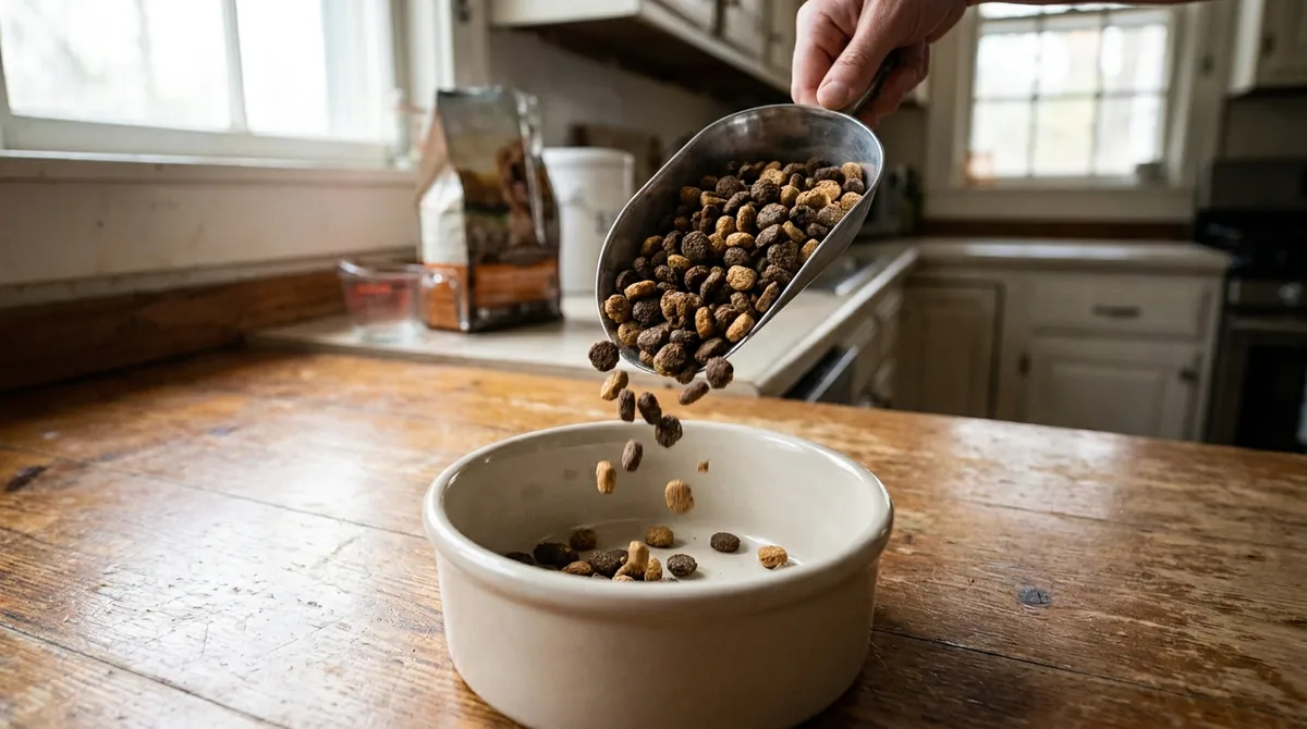 Filling dog bowl with kibble