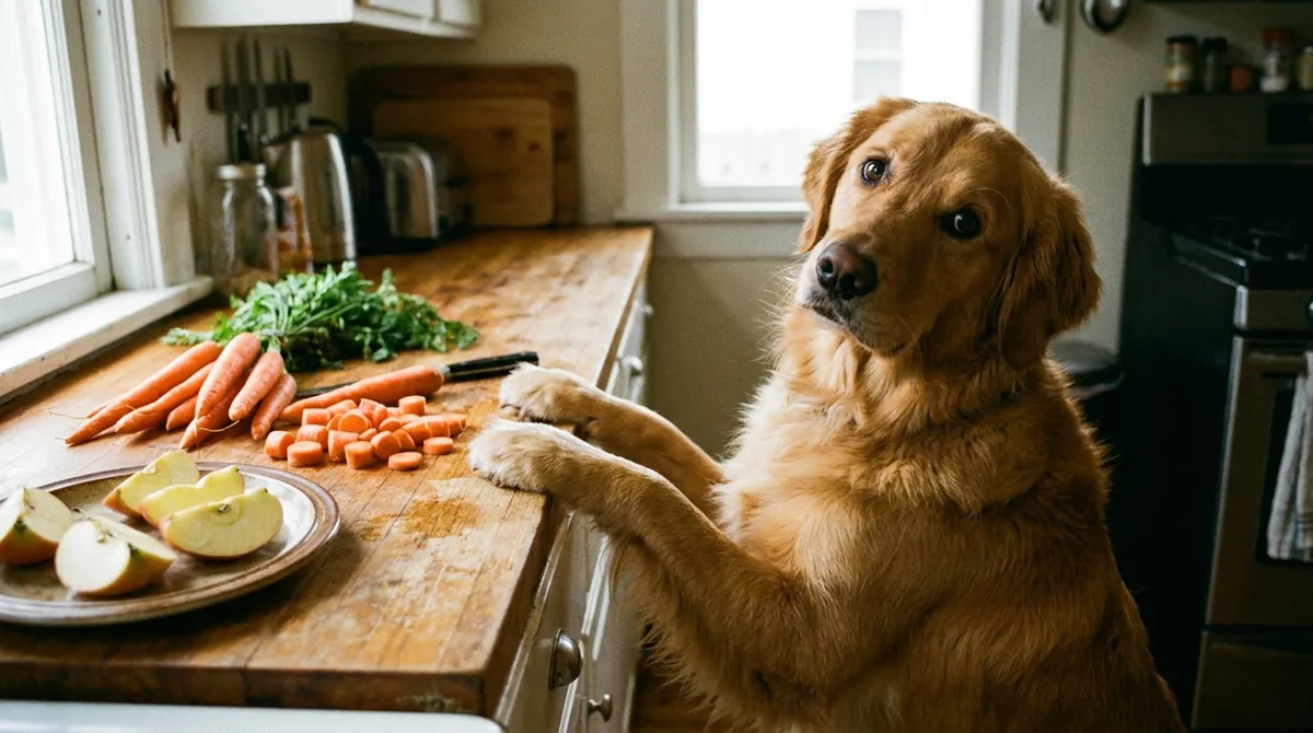 Golden Retriever looking at food