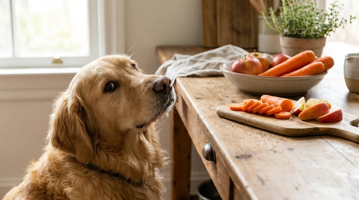 Golden Retriever looking at food