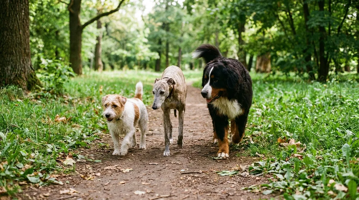 Multiple dog breeds walking park