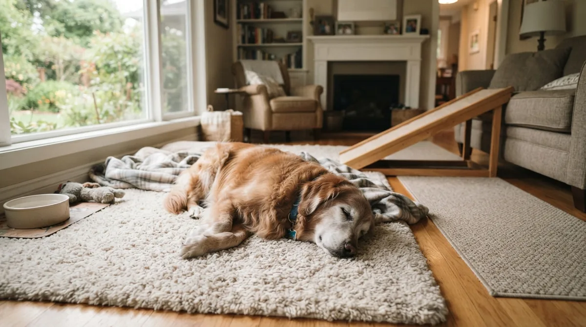 Older dog resting on rug