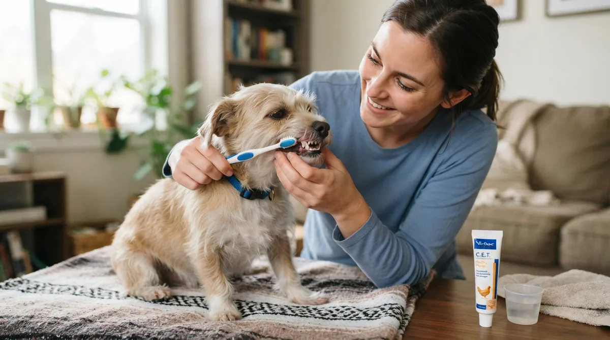 Person brushing dog teeth