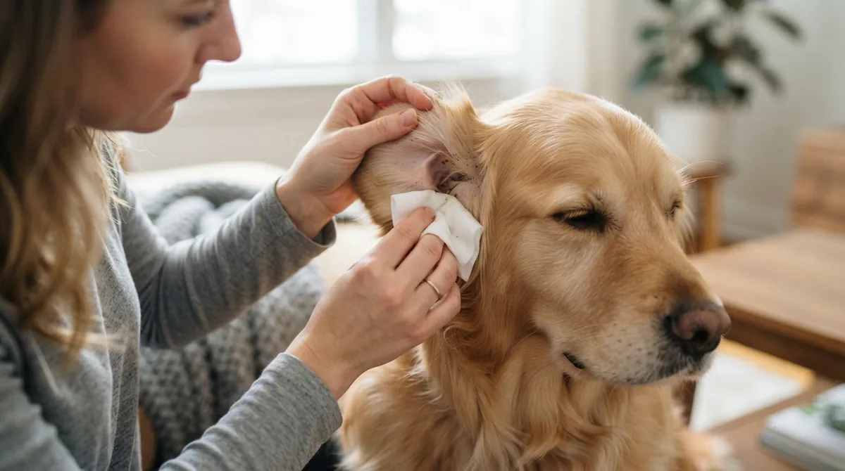 Person cleaning dog ear