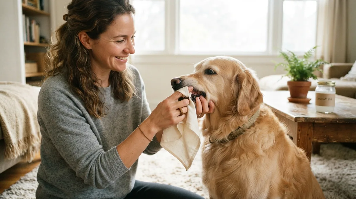 Person cleaning dog teeth