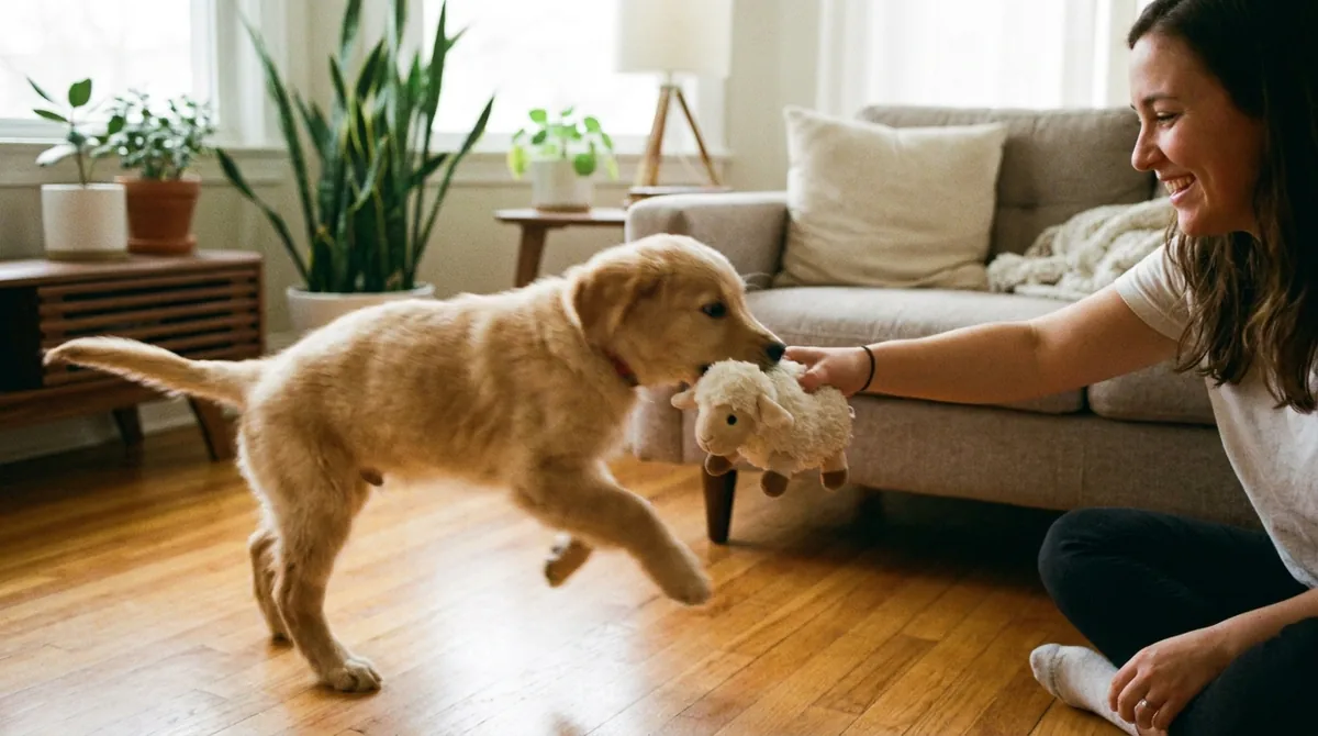 Person redirecting puppy with toy