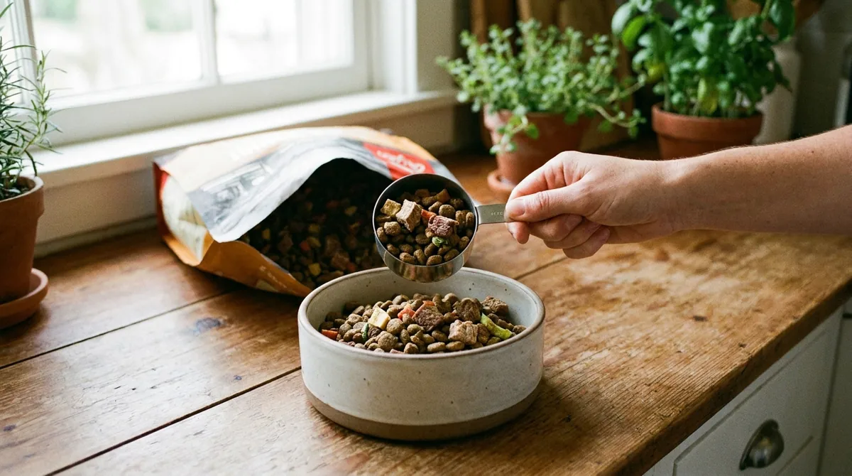 Portioning dog food into bowl