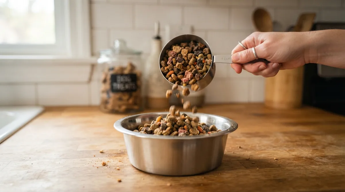 Portioning dog food into bowl