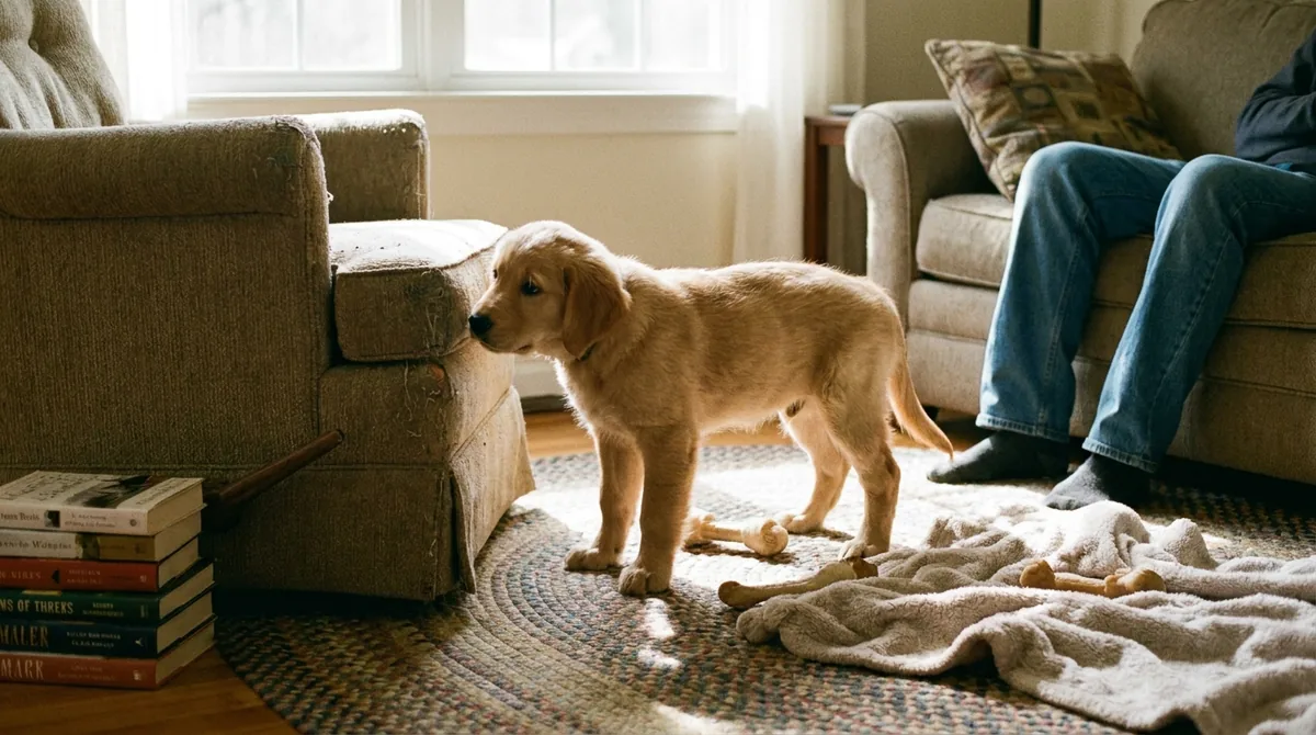 Puppy exploring living room