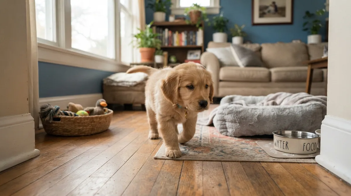 Puppy exploring new home