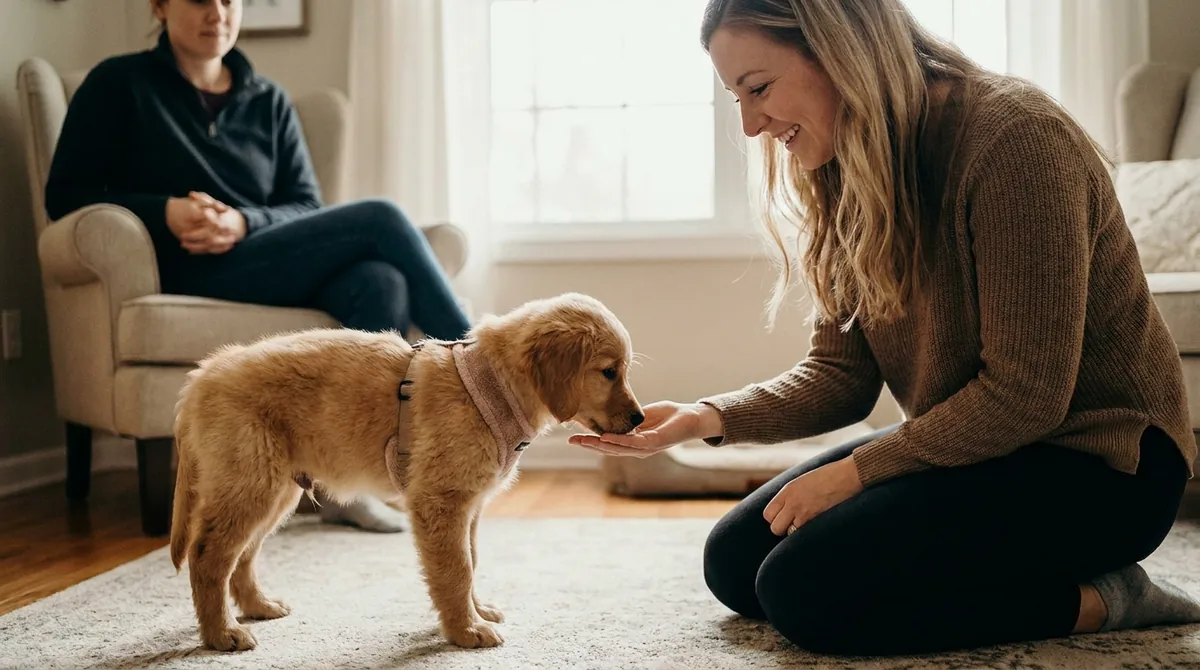 Puppy meeting new person