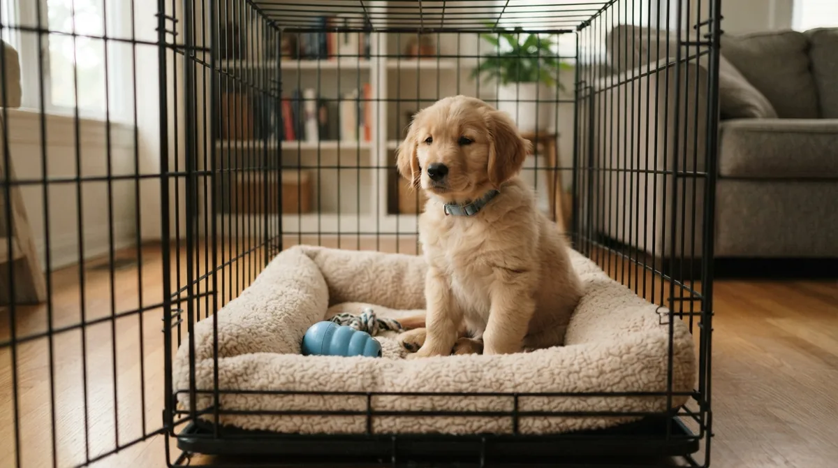 Puppy sitting calmly in crate