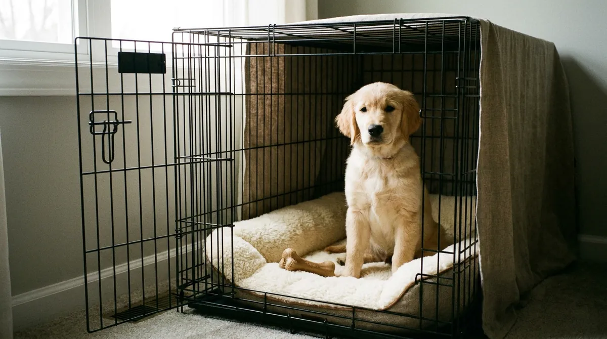 Puppy sitting inside crate