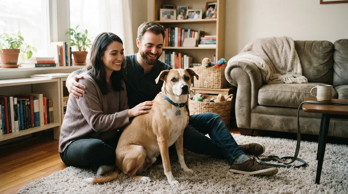 Rescue dog sitting with family