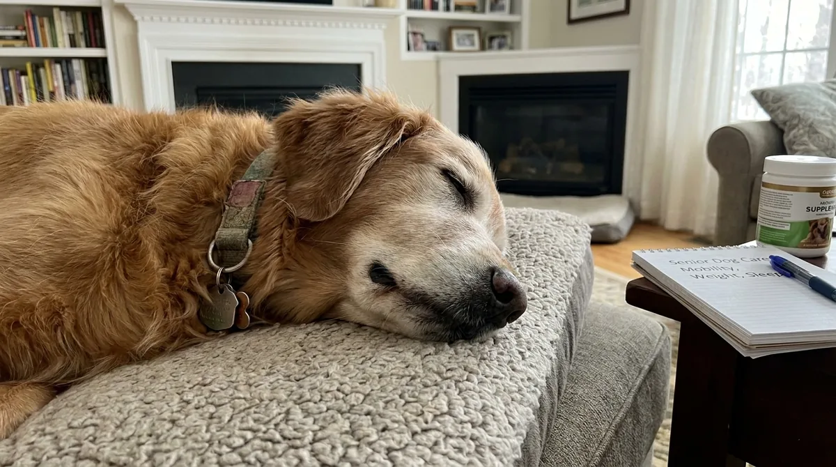 Senior dog sleeping on bed