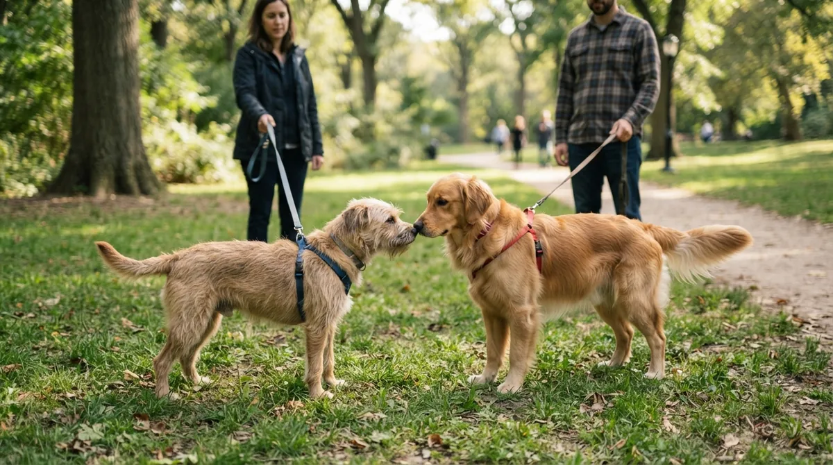 Two dogs meeting in park